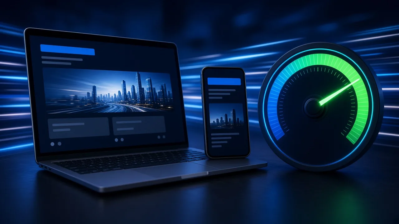 Laptop and phone showing a business website next to a glowing speedometer, illustrating fast page load speed
