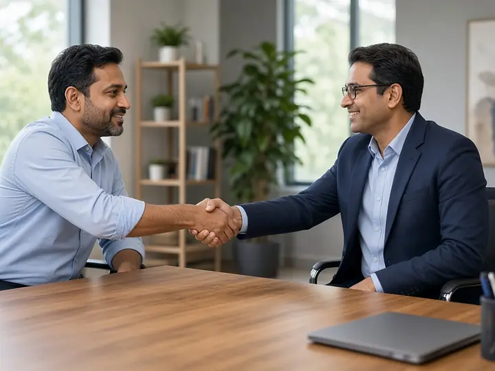 Two professionals shaking hands across a meeting table