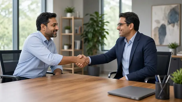 Two professionals shaking hands across a meeting table