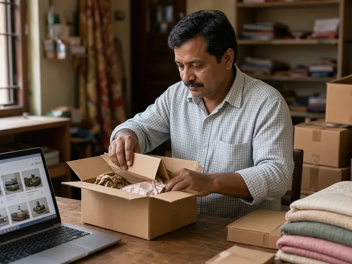 Online seller packing orders next to a laptop showing a store