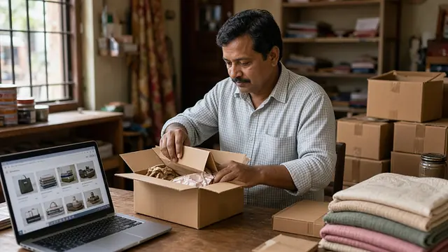 Online seller packing orders next to a laptop showing a store