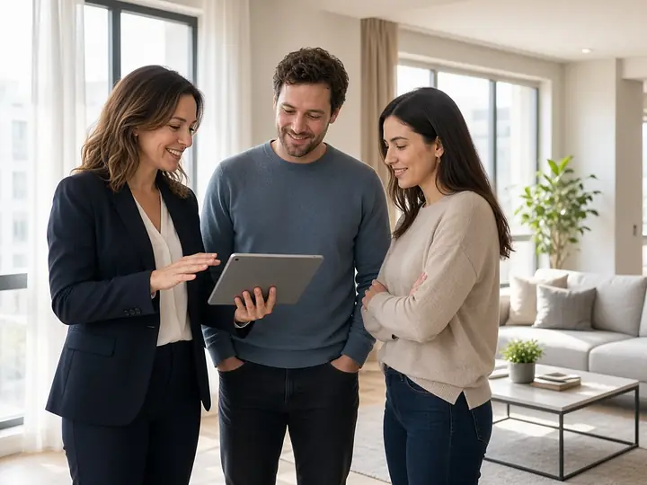 Property consultant showing a listing on a tablet to a couple