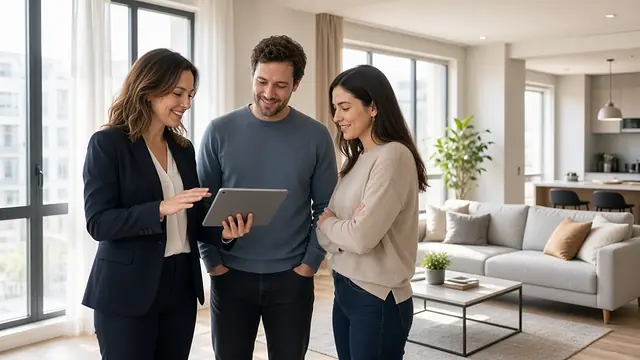 Property consultant showing a listing on a tablet to a couple