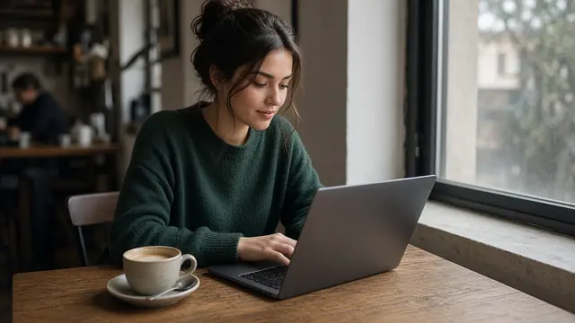 Founder working on a laptop with a cup of coffee