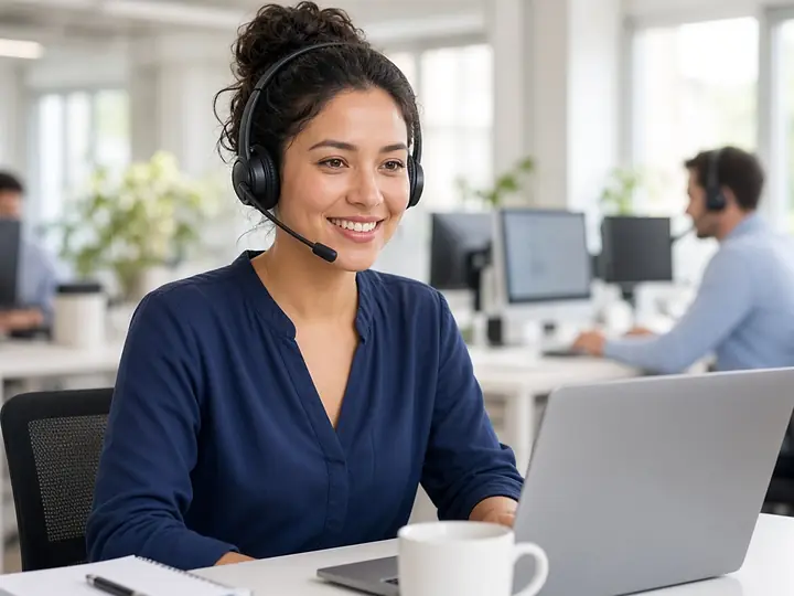 Support specialist with a headset helping a customer