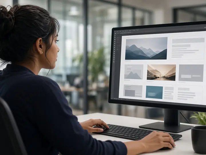 Designer reviewing a website layout on a large monitor